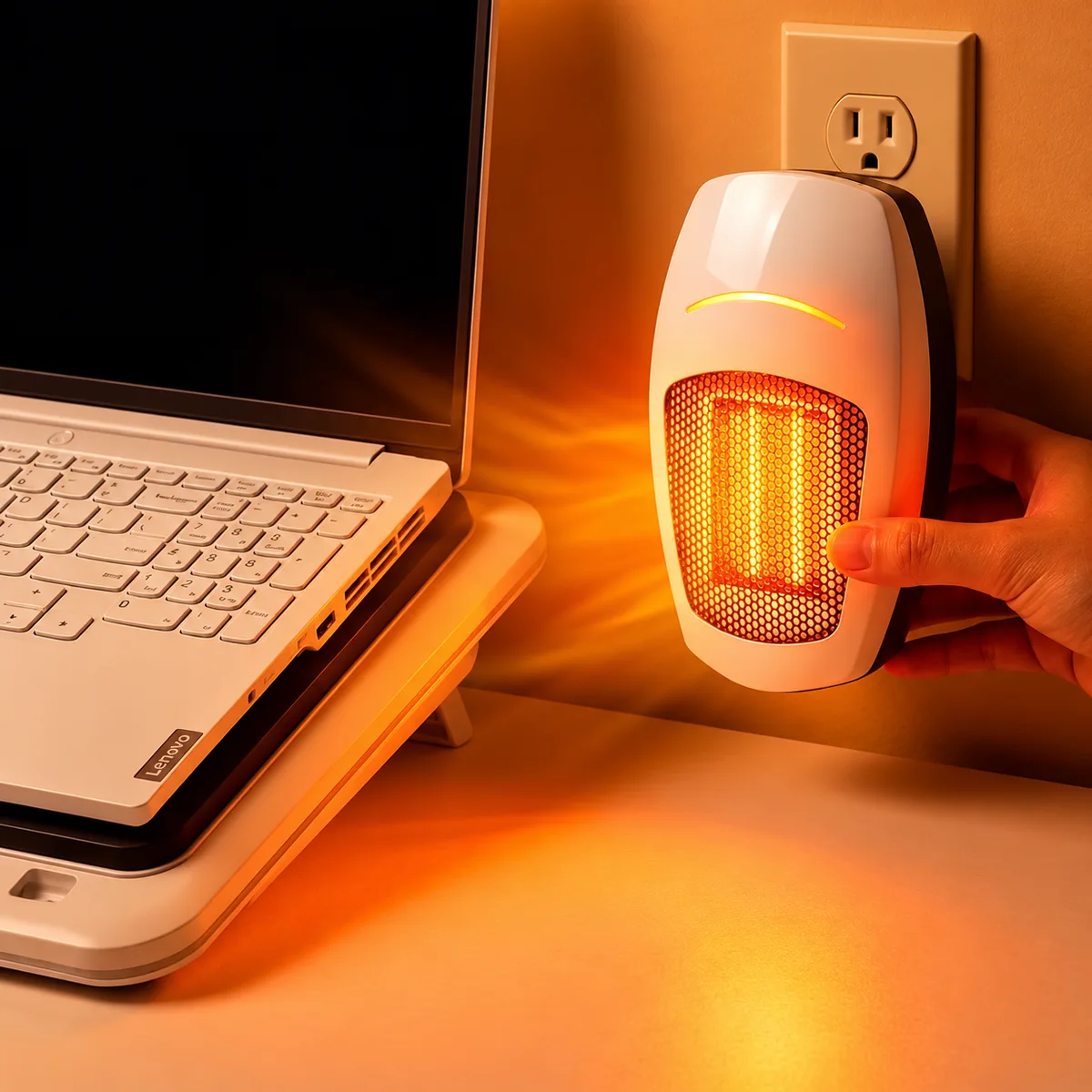 Cyber Heater plugged in beside a home office desk