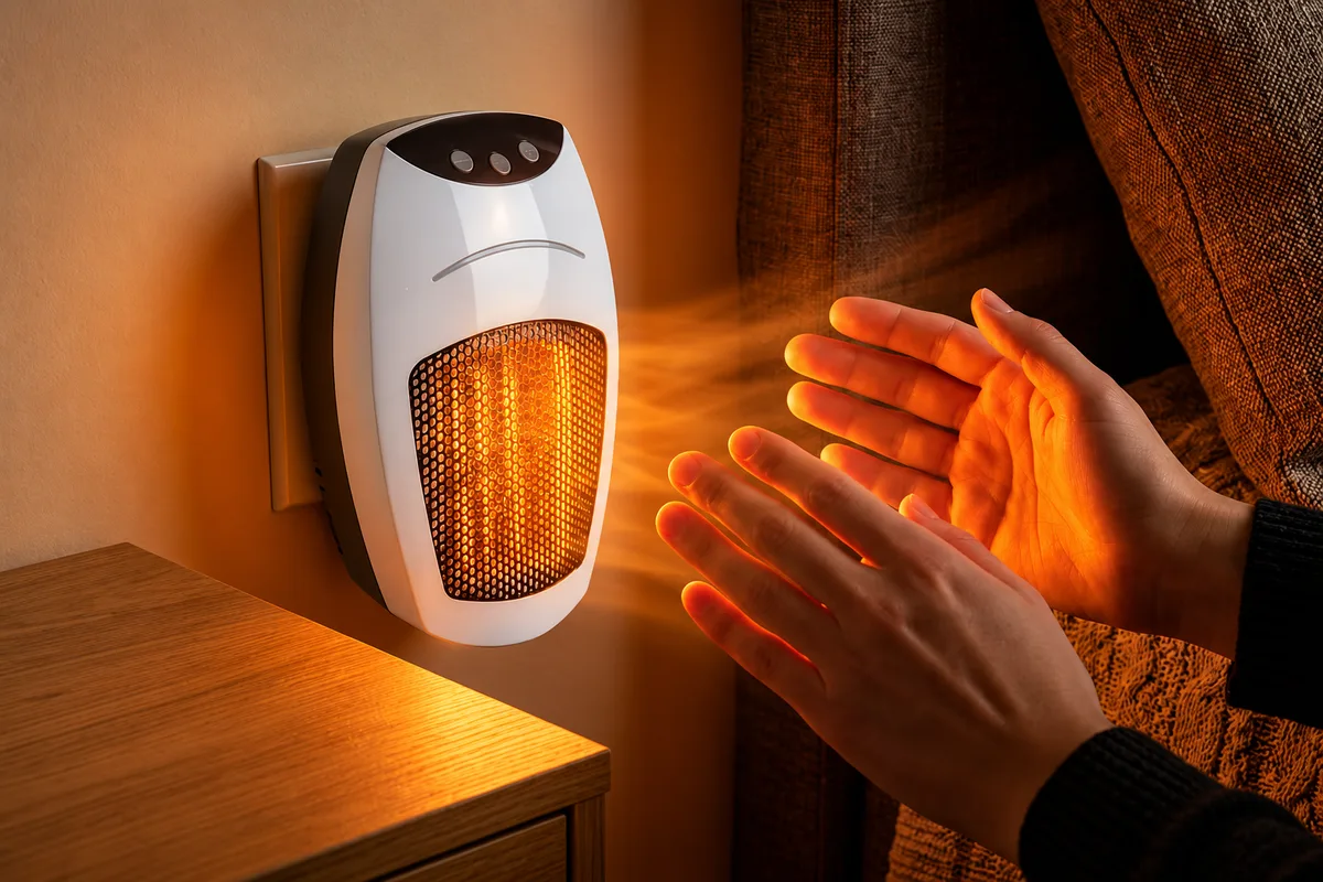 Warming hands in front of a Cyber Heater plugged into the wall