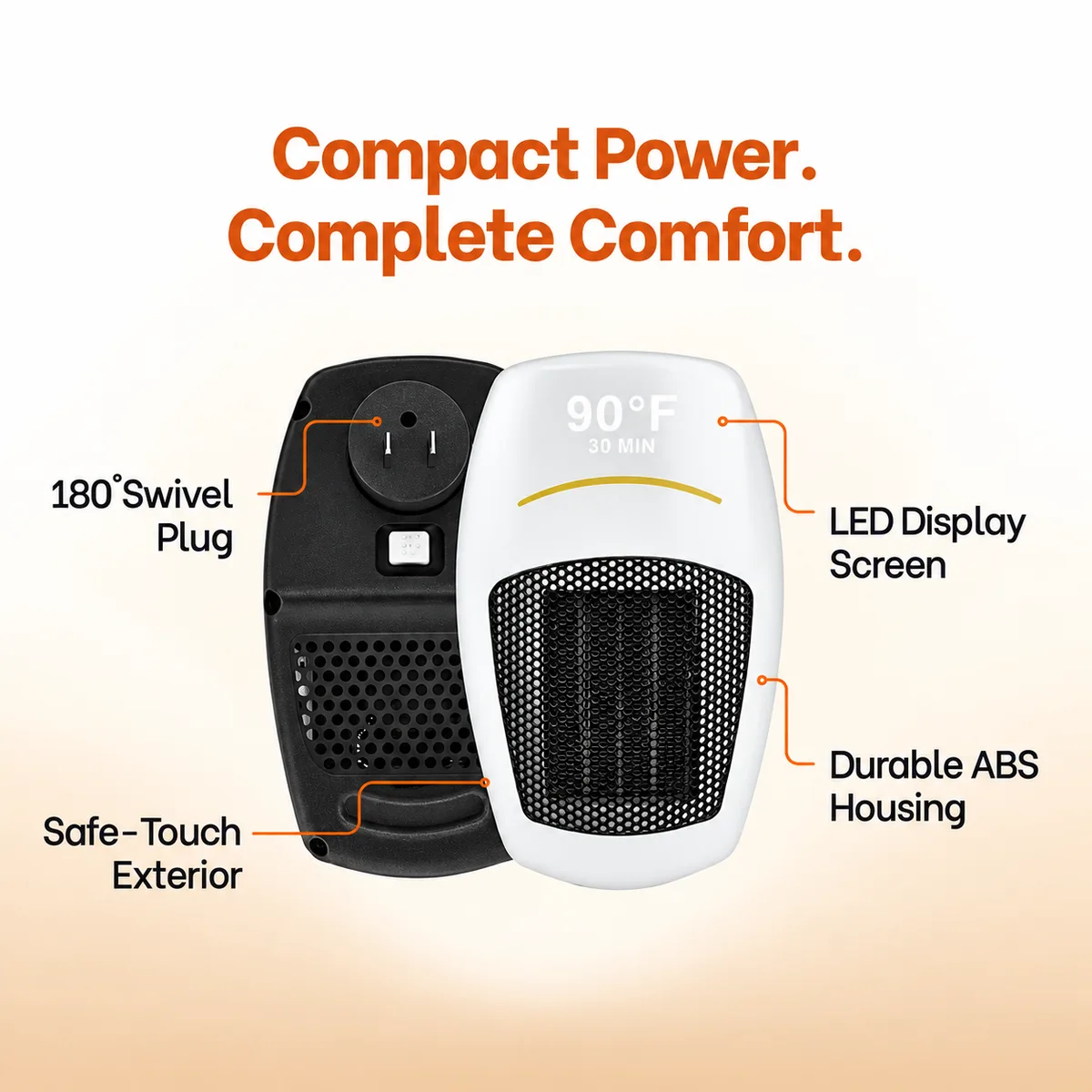 Cyber Heater features: 180° swivel plug, LED display, safe-touch exterior