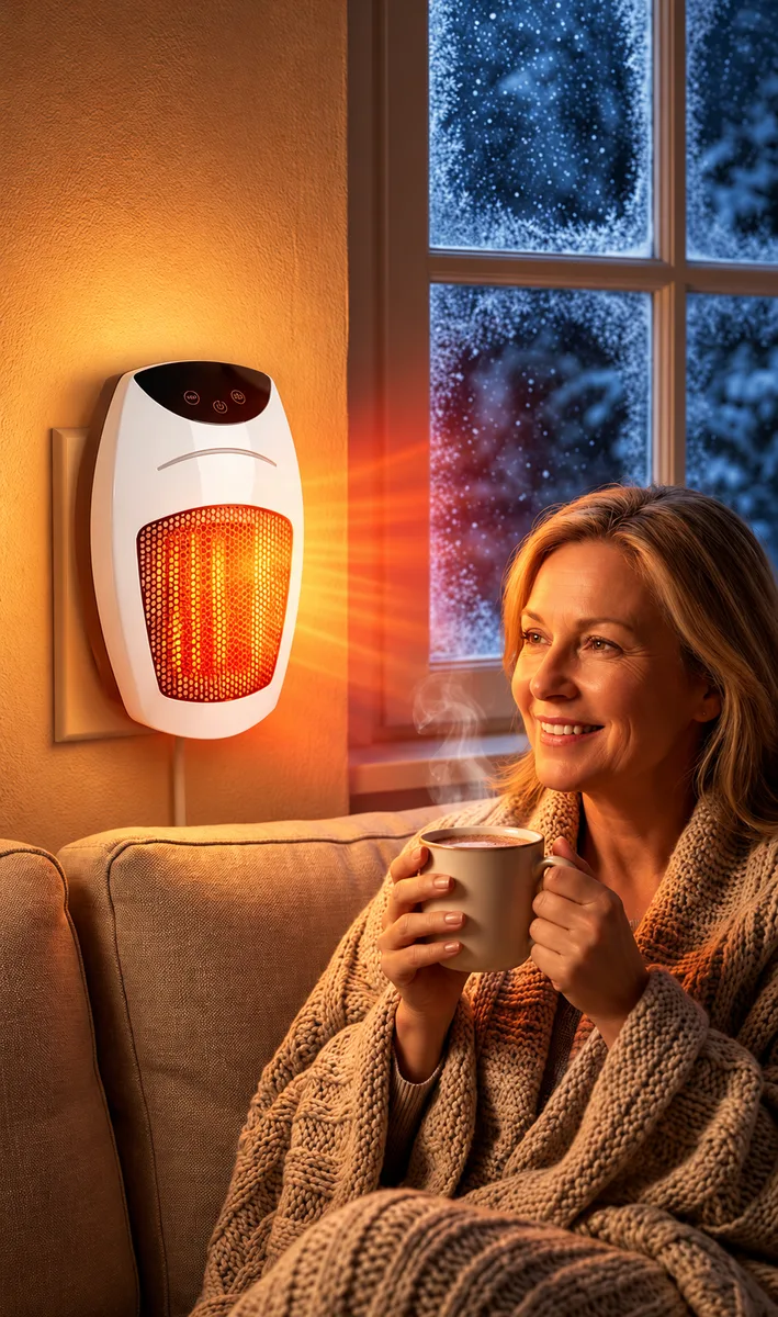 Woman relaxing with coffee next to a Cyber Heater